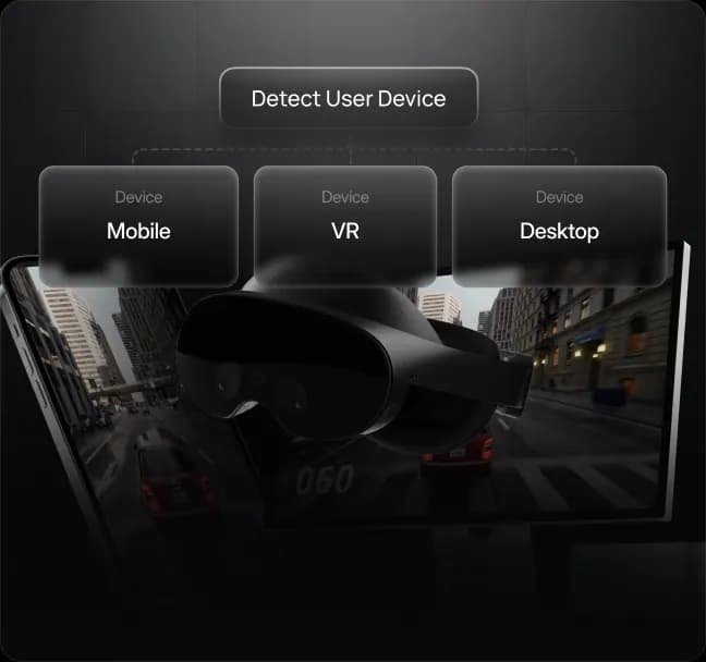 Automatic device detection selecting optimized controls and interaction modes for desktop, mobile, and VR users accessing Unreal Engine applications