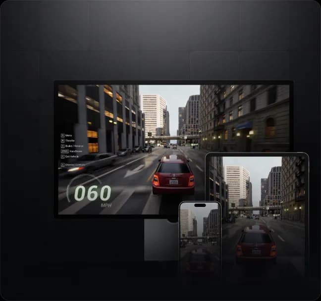 Responsive Unreal Engine pixel streaming interface automatically adapting to desktop, tablet, and mobile screen sizes while maintaining a consistent experience