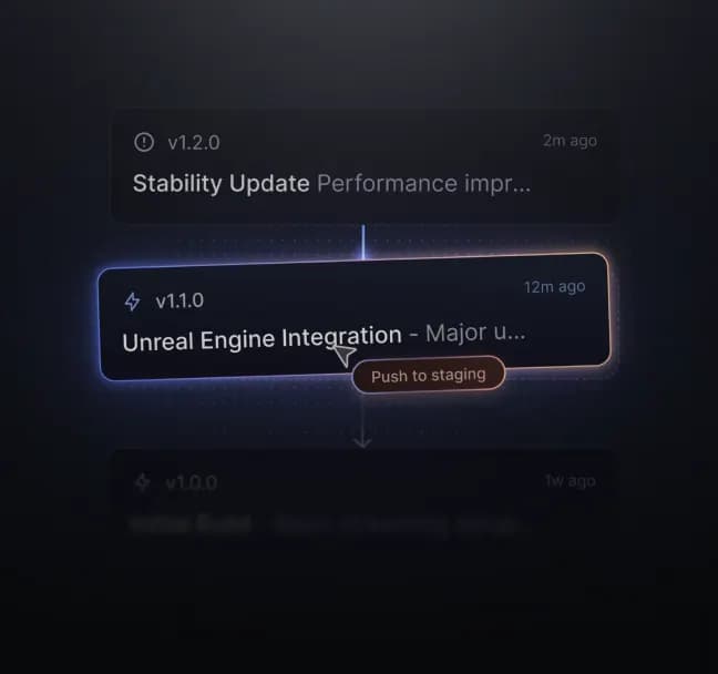 Release management interface organizing Unreal Engine application versions and deployment milestones for production environments.