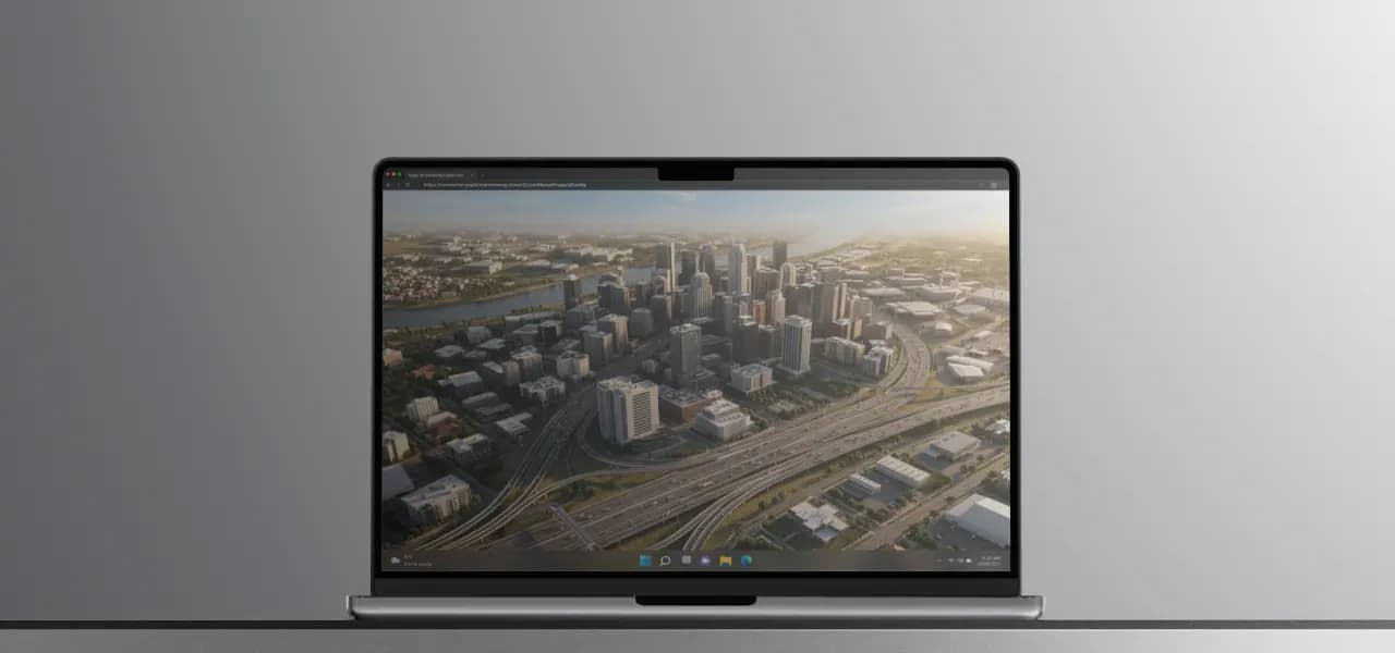 Published Unreal Engine city visualization running on a laptop through cloud-based pixel streaming and browser delivery